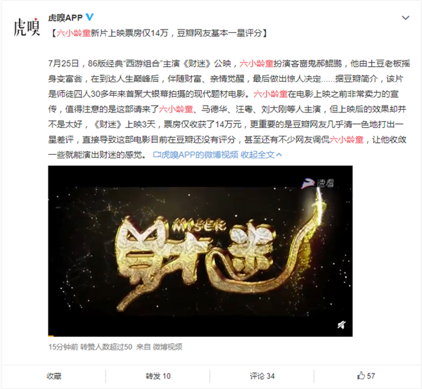 六小龄童新电影《财迷》上映票房仅14万：豆瓣收获不少一星差评