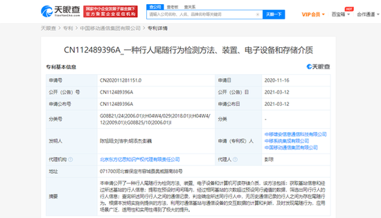 中国移动公开“一种行人尾随行为检测方法”相关专利
