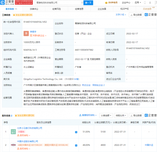 中国外运、小马智行共同成立物流科技公司，注册资本1亿元